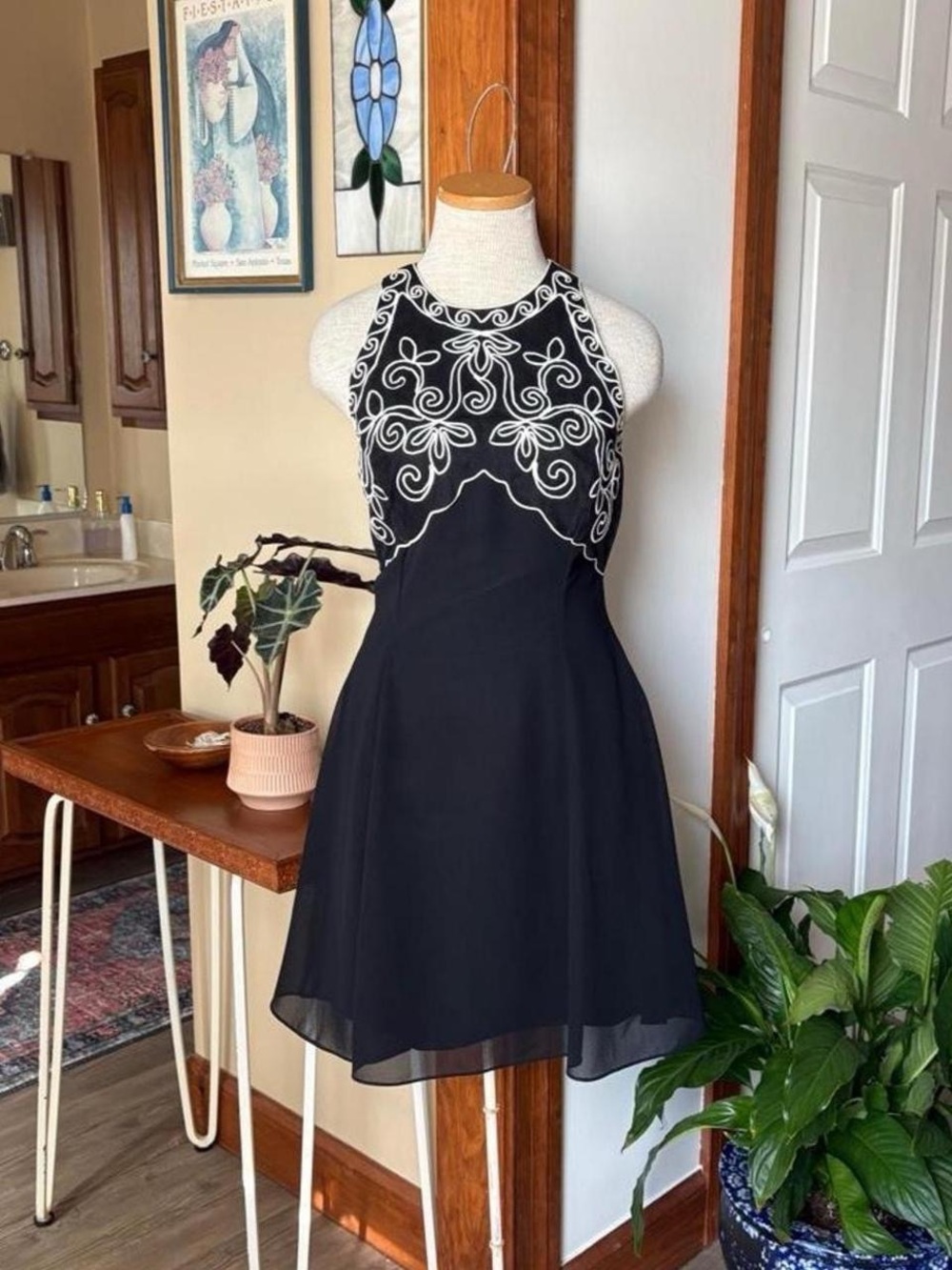 Vintage Black Halter Dress with White Embroidered Bodice